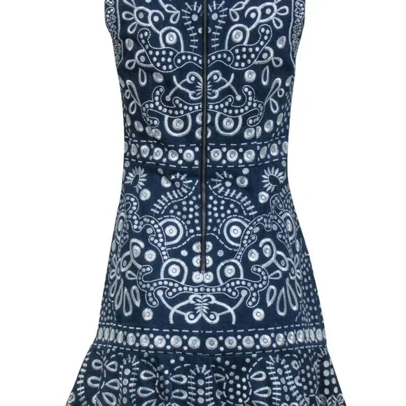 ALICE + OLIVIA Rapunzel Embroidered Denim Flounce Mini Sheath Dress Size 0 - Picture 3 of 5